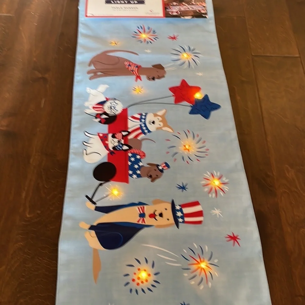 Storehouse Americana Red White Blue Table Runner July 4th Fireworks Light Up Dog - Picture 1 of 4
